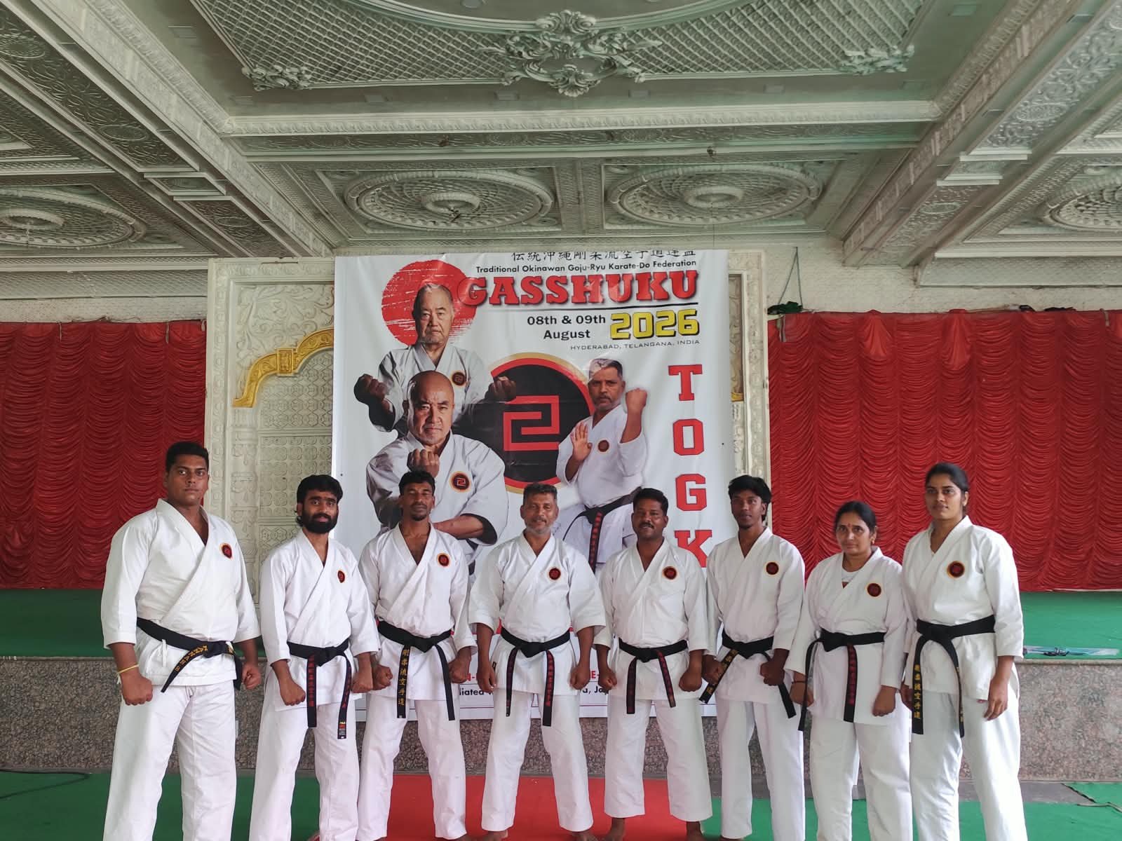 Darkan and fellow TOGKF instructors in karate uniforms at the August 2026 Hyderabad Gasshuku